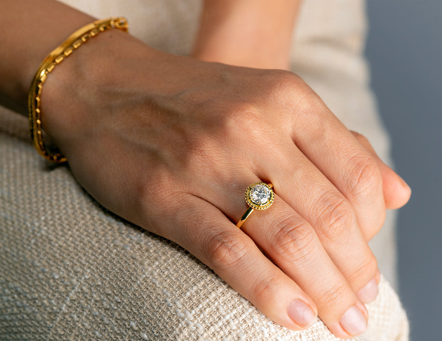 Beautiful 14k plated ring adorned with a dazzling Moissanite stone
