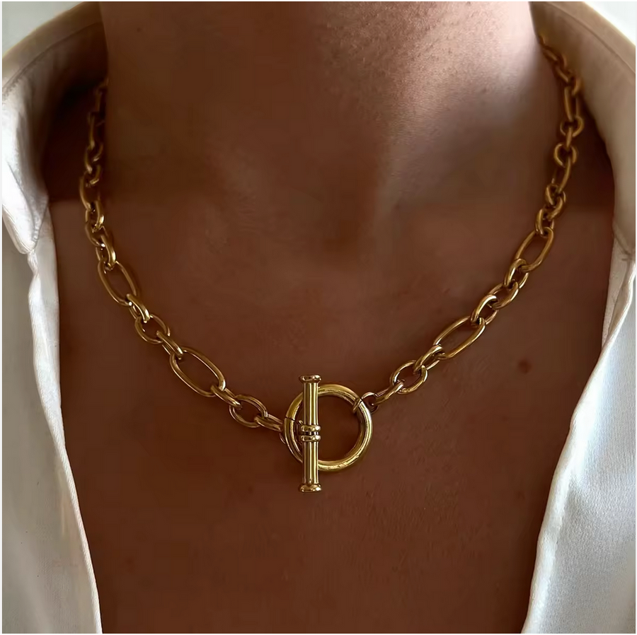 Punk 18K Gold Plated Chunky Oval Link Chain Toggle Necklace