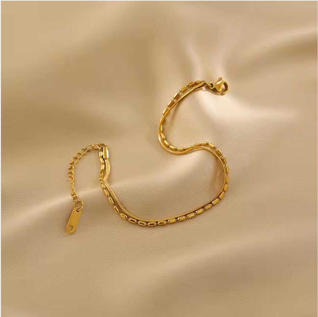 Thin Snake Chain Bracelet Stackable Double Layered Rice Beads, 18k Gold Plated